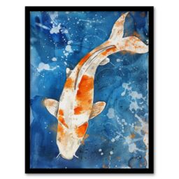 Artery8 Japanese Koi Carp Fish in Pond Watercolour Splat Framed Art Print in Orange - Size: A4 - thumbnail 1