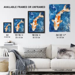Artery8 Japanese Koi Carp Fish in Pond Watercolour Splat Framed Art Print in Orange - Size: A4 - thumbnail 3