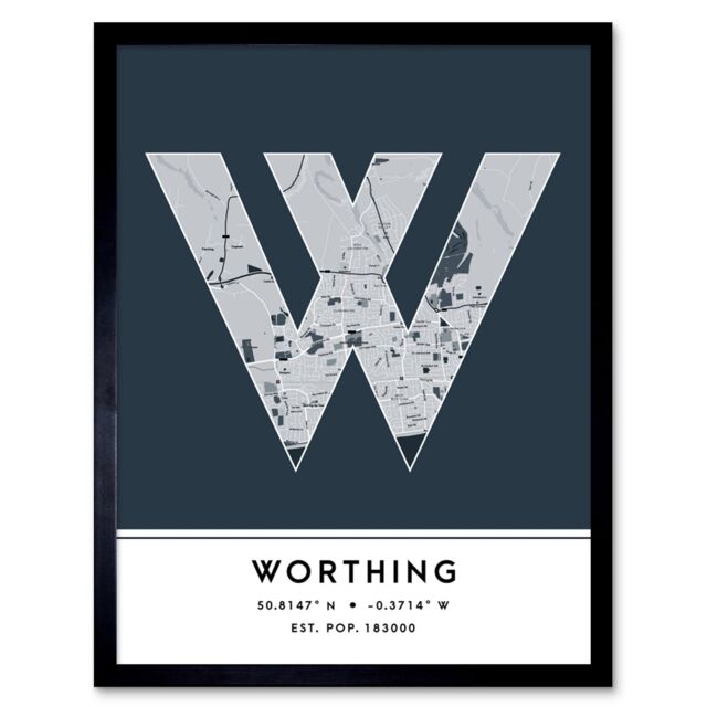 "Wee Blue Coo Wall Art Print Worthing England United Kingdom City Map Modern Typography Stylish Letter Framed Word in Navy - Size: W12"" x H16""" - image 1