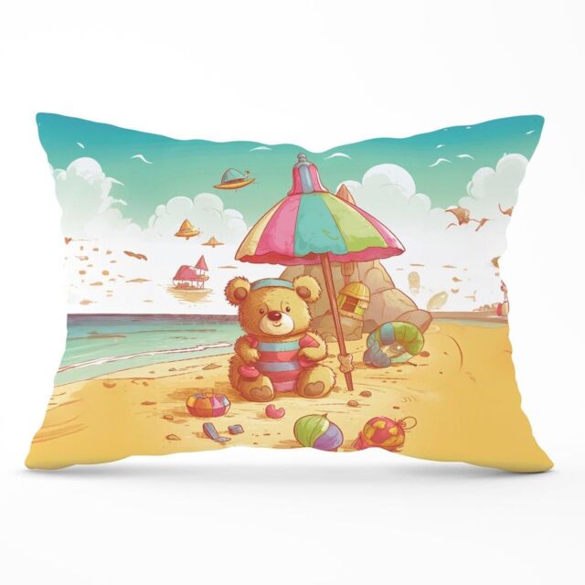Warren Reed - Designer Lucky Teddy Bear On A Beach Holiday Cushions in Yellow - Size: 60 cm x 60 cm - image 1