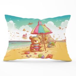Warren Reed - Designer Lucky Teddy Bear On A Beach Holiday Cushions in Yellow - Size: 60 cm x 60 cm - thumbnail 1