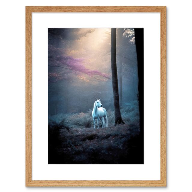"Artery8 Wall Art Print Lone White Forest Horse Photograph Enchanted Landscape Sunbeam Artwork Framed 9X7 Inch in Beige - Size: W7"" x H9""" - image 1