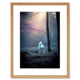 "Artery8 Wall Art Print Lone White Forest Horse Photograph Enchanted Landscape Sunbeam Artwork Framed 9X7 Inch in Beige - Size: W7"" x H9""" - thumbnail 1