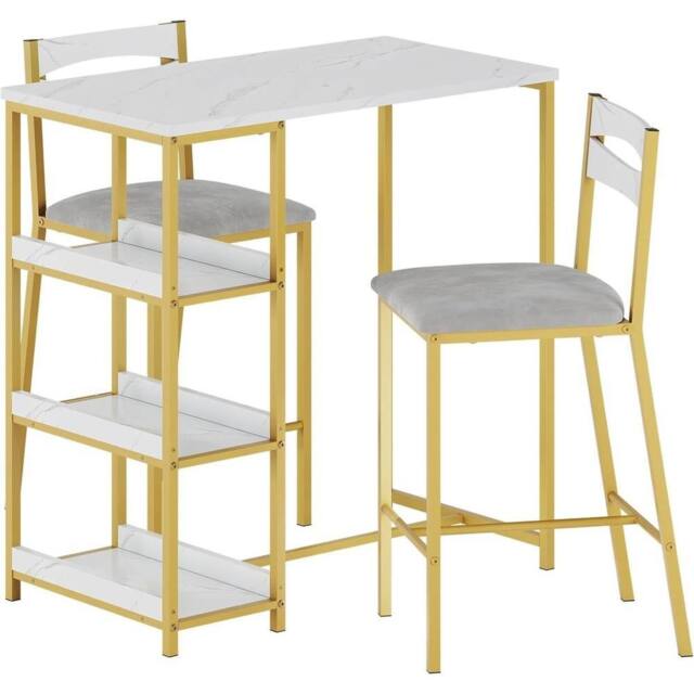 FORGEVIO Marble White 3Pcs Dining Set Metal Frame Table+2 Upholstered Chairs - image 1