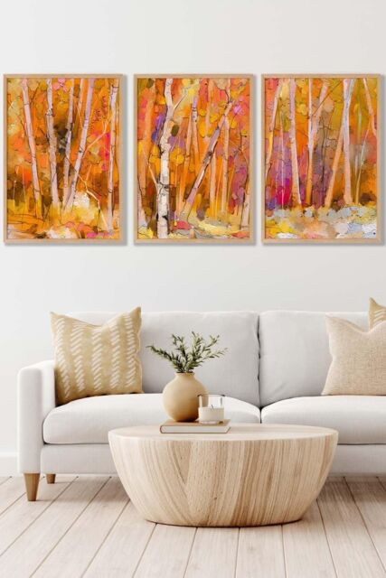 ARTZE Set of 3 Oak Framed Abstract Autumn Trees in Orange Wall Art - Size: W33 cm x H45 cm x D20mm - image 1