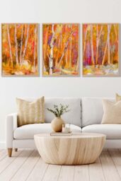 ARTZE Set of 3 Oak Framed Abstract Autumn Trees in Orange Wall Art - Size: W33 cm x H45 cm x D20mm