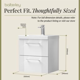 Balterley Wall Hung 2 Drawers Vanity Unit - Mid-Edge Basin 500mm, Satin White - thumbnail 5
