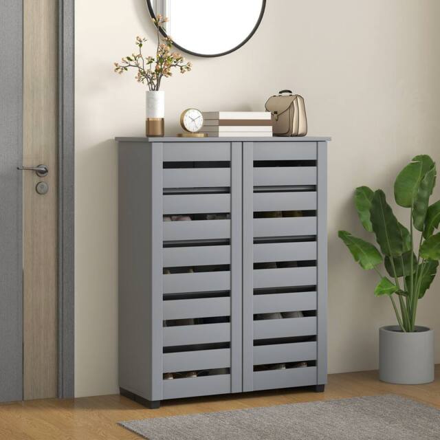 HOMCOM Shoe Storage Cabinet with Slatted Doors for 15 Pairs of Shoes in Dark Grey - image 1