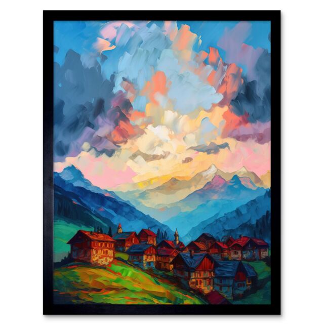 "Artery8 Wall Art Print Atmospheric Clouds at Dawn Over Small Village Houses in the Alps Modern Watercolour Painting Art Framed - Size: W12"" x H16""" - image 1