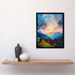 "Artery8 Wall Art Print Atmospheric Clouds at Dawn Over Small Village Houses in the Alps Modern Watercolour Painting Art Framed - Size: W12"" x H16""" - thumbnail 2
