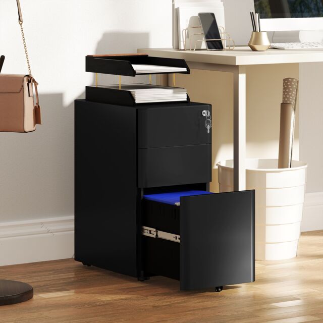 VINSETTO Steel Filing Cabinet with Lock & Wheels for Home Office in Black - image 1