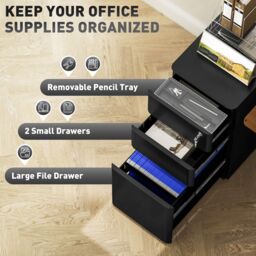 VINSETTO Steel Filing Cabinet with Lock & Wheels for Home Office in Black - thumbnail 4