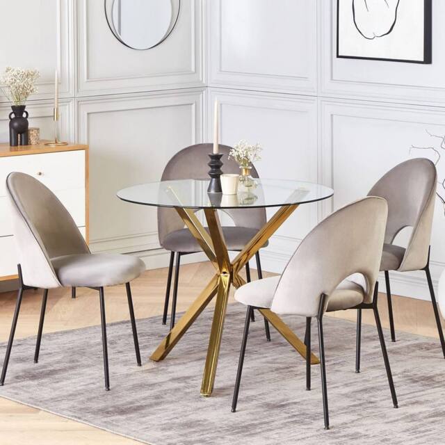 Wyld and Coco 90 cm Round Glass Dining Table Gold Chromed Legs 4-Seater - image 1