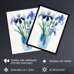 "Artery8 Blue Iris Flower Bouquet Vase Floral Watercolour Framed Art Print - Size: W12"" x H16""" - thumbnail 2