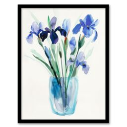 "Artery8 Blue Iris Flower Bouquet Vase Floral Watercolour Framed Art Print - Size: W12"" x H16""" - thumbnail 1