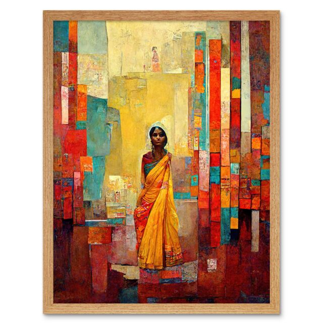 "Artery8 Wall Art Print Bright Bold Woman Yellow Saree Sari Hindu Muslim Skirt Dress Painting Art Framed in Light Oak - Size: W12"" x H16""" - image 1