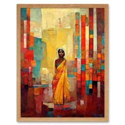 "Artery8 Wall Art Print Bright Bold Woman Yellow Saree Sari Hindu Muslim Skirt Dress Painting Art Framed in Light Oak - Size: W12"" x H16""" - thumbnail 1