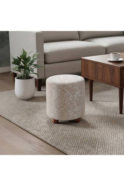 Living and Home Chenille Upholstered Footstool with Round Wooden Legs in Light Brown - image 1