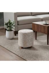 Living and Home Chenille Upholstered Footstool with Round Wooden Legs in Light Brown - thumbnail 1