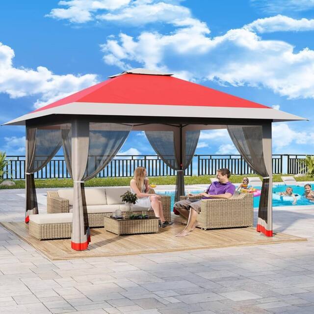 London Boutique 4 x 4M Grden Pop Up Gazebo Heavy Duty Outdoor Canopy Tent w/4 Sandbags in Red - image 1