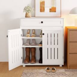 Levede Shoe Cabinet 4-Tier Door Entryway Storage Rack Organizer Cupboard in White - thumbnail 3
