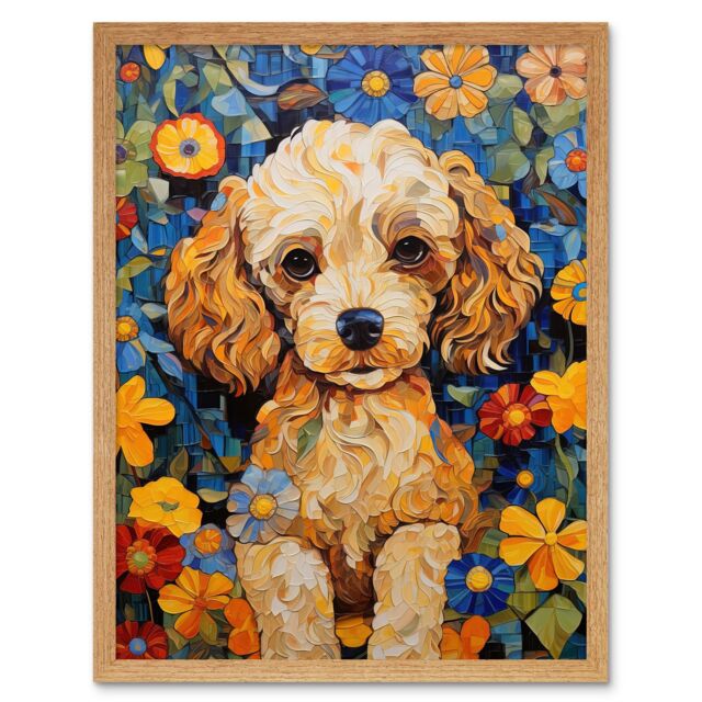 "Artery8 Wall Art Print Cockapoo Puppy Oil Painting Colourful Bright Bold Floral Fun Art Framed in Light Oak - Size: W12"" x H16""" - image 1