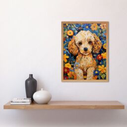 "Artery8 Wall Art Print Cockapoo Puppy Oil Painting Colourful Bright Bold Floral Fun Art Framed in Light Oak - Size: W12"" x H16""" - thumbnail 2