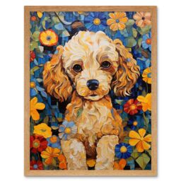 "Artery8 Wall Art Print Cockapoo Puppy Oil Painting Colourful Bright Bold Floral Fun Art Framed in Light Oak - Size: W12"" x H16""" - thumbnail 1