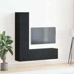 Berkfield Home 3 Piece Wall-mounted TV Cabinet Set Black Oak Engineered Wood - thumbnail 1