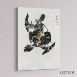 "Artery8 Jungle Nightjar Bird Fight Japanese Canvas Wall Art Print Kashu - Size: W18"" x H24""" - thumbnail 2