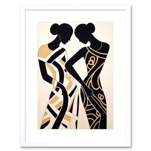 "Artery8 Wall Art Print Women Dancing Abstract Pattern Dress Beige Black Silhouettes Body Line Artwork Framed 9X7 Inch in White - Size: W7"" x H9""" - image 1