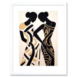 "Artery8 Wall Art Print Women Dancing Abstract Pattern Dress Beige Black Silhouettes Body Line Artwork Framed 9X7 Inch in White - Size: W7"" x H9""" - thumbnail 1
