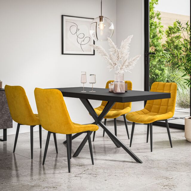 More4Homes Donni Dining Table & Chairs - Black Table Top w Black Legs + Nova Velvet Dining Chair Set Of 4 in Mustard - image 1