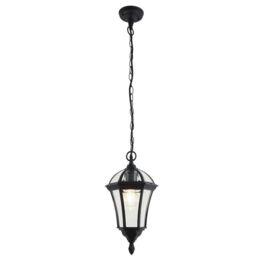 Loops IP44 Outdoor Hanging Pendant Porch Light Traditional Black & Glass Lantern Lamp - thumbnail 1