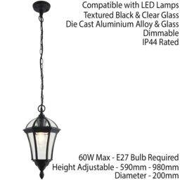Loops IP44 Outdoor Hanging Pendant Porch Light Traditional Black & Glass Lantern Lamp - thumbnail 2