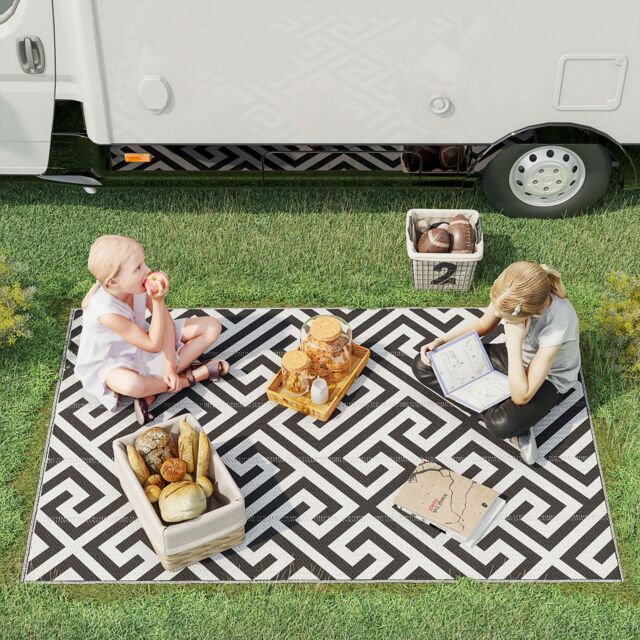 OUTSUNNY Reversible Outdoor Rug Plastic Straw RV Camping Mat for Garden Deck Picnic in Black - Size: 180 cm x 120 cm - image 1