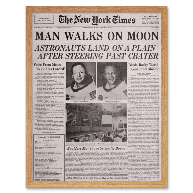 "Artery8 Vintage Space Newspaper Moon Aldrin Armstrong 12x16"" Framed Art Print in Light Oak - Size: W12"" x H16""" - image 1