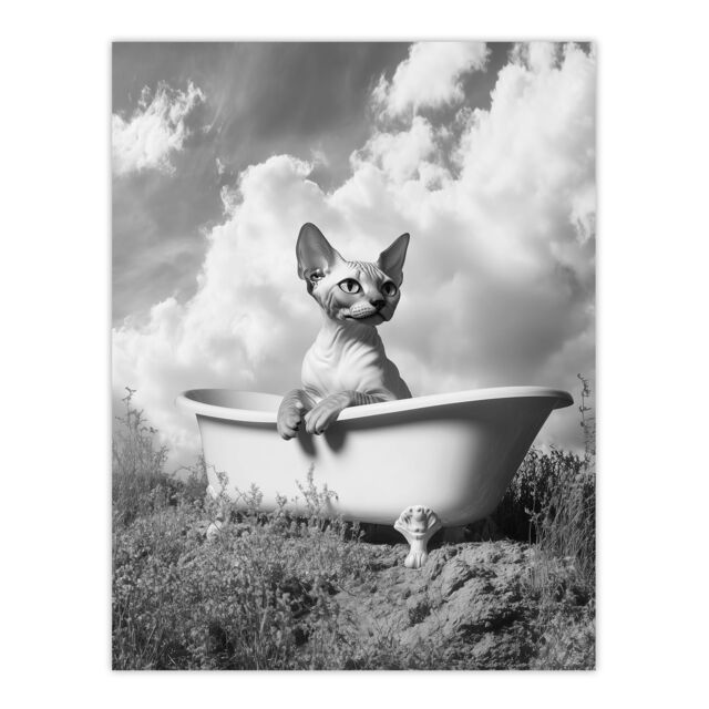 "Artery8 Sphinx in Bathtub Black White Surreal Cat Lover Wall Art Print in Grey - Size: W18"" x H24""" - image 1