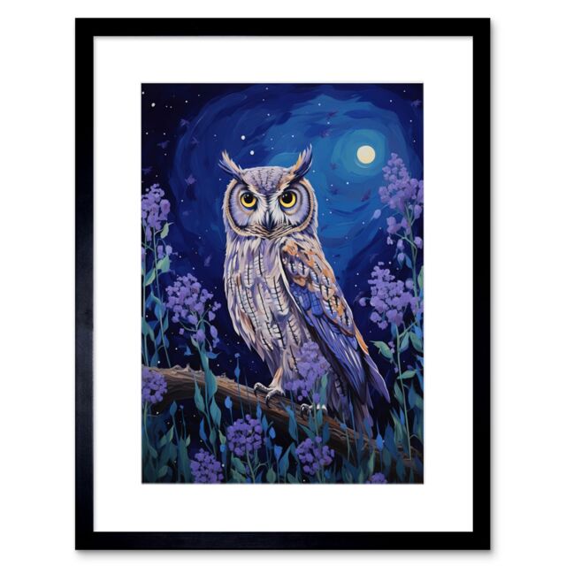 Artery8 Wall Art Print Great Horned Owl in Lavender Field Oil Painting Blue Purple Full Moon Night in the Countryside Artwork Framed 9X7 Inch - image 1