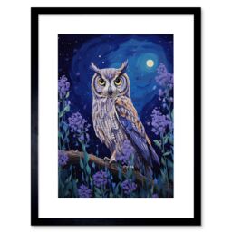 Artery8 Wall Art Print Great Horned Owl in Lavender Field Oil Painting Blue Purple Full Moon Night in the Countryside Artwork Framed 9X7 Inch - thumbnail 1