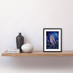 Artery8 Wall Art Print Great Horned Owl in Lavender Field Oil Painting Blue Purple Full Moon Night in the Countryside Artwork Framed 9X7 Inch - thumbnail 2