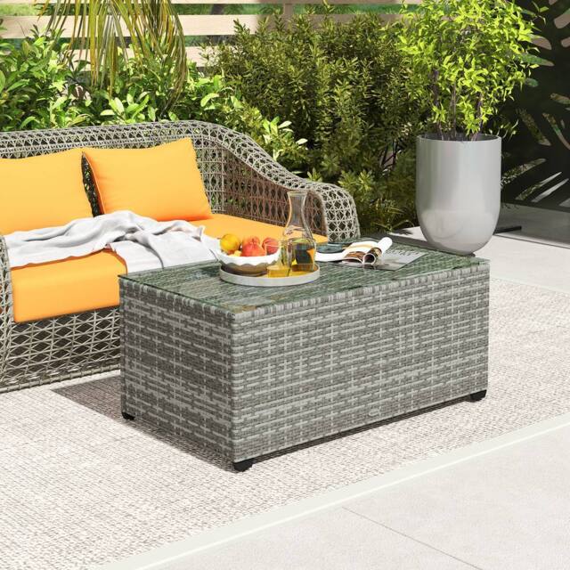 OUTSUNNY Outdoor Coffee Table, Glass Top Rattan Side Table, Light Grey - image 1