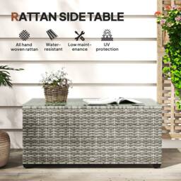 OUTSUNNY Outdoor Coffee Table, Glass Top Rattan Side Table, Light Grey - thumbnail 4