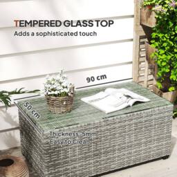 OUTSUNNY Outdoor Coffee Table, Glass Top Rattan Side Table, Light Grey - thumbnail 6