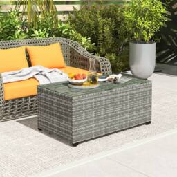 OUTSUNNY Outdoor Coffee Table, Glass Top Rattan Side Table, Light Grey - thumbnail 1