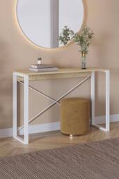 FWStyle Console Table Modern Natural Oak Design Metal Frame Cross Supports in White