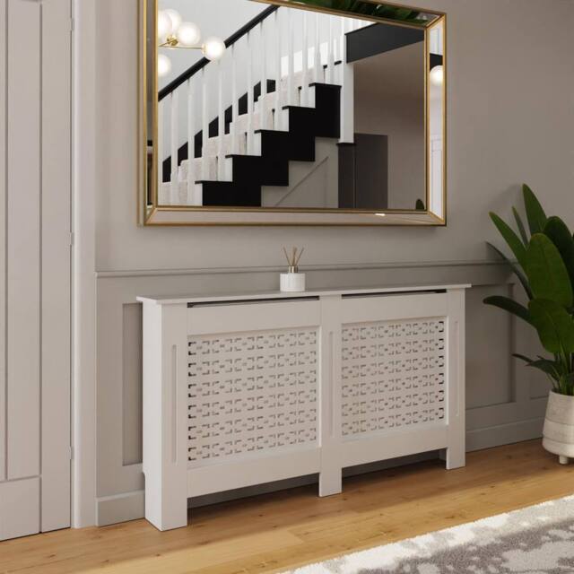 FWStyle Geometric Pattern Large Grey Radiator Cover (H) 82.3 (W) 152 (D) 19cm in White - image 1