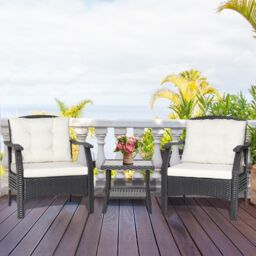 Costway 3 PCS Outdoor Furniture Set Modern Patio Rattan Chair Coffee Table Set in Black - thumbnail 4