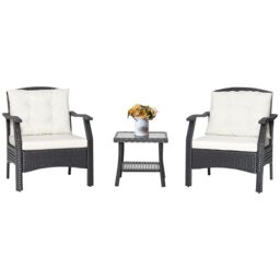 Costway 3 PCS Outdoor Furniture Set Modern Patio Rattan Chair Coffee Table Set in Black