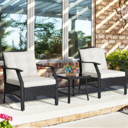Costway 3 PCS Outdoor Furniture Set Modern Patio Rattan Chair Coffee Table Set in Black - thumbnail 3